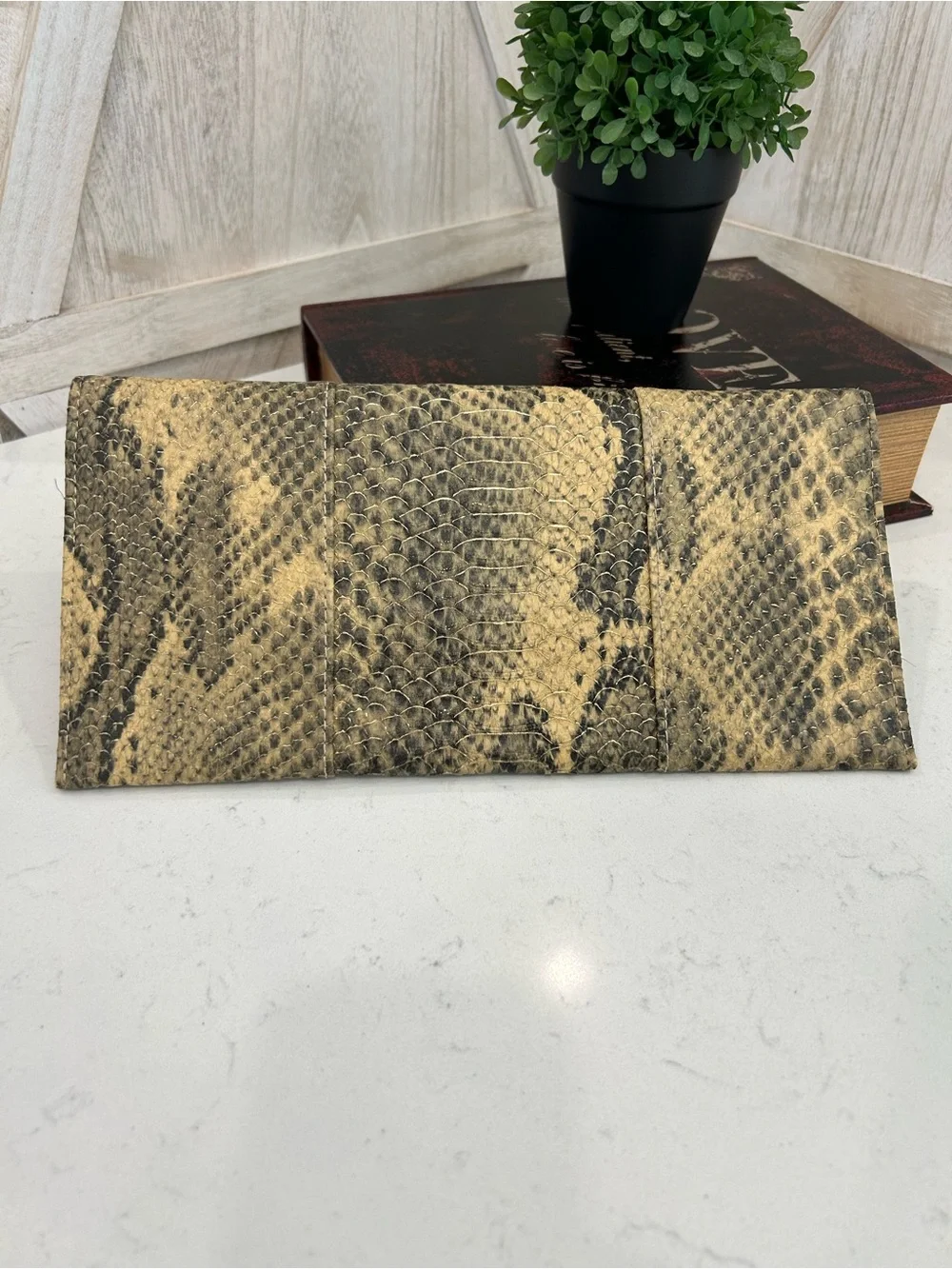Urban Expressions Snake-Embossed Foldover Clutch in Beige and Black